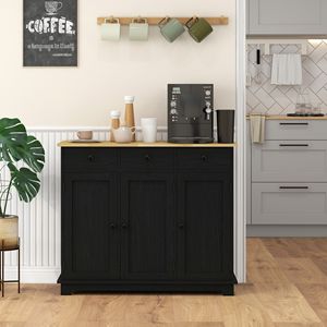 Mobiletto da Cucina Nero con 3 Cassetti e Ante Regolabili, Piano in Legno, Credenza per Bar o Angolo Caffè - Product Image 2