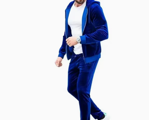 Men Blue Velvet Tracksuit Full Zip Hooded <b>Jacket</b> and Jogger Pants Casual Two Piece Set Solid Color Breathable Polyester Autumn - Product Image 1