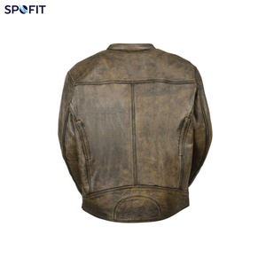Unisex Autumn Retro Washed Leather Biker Jacket with Gradient <b>Zip</b> Design Waterproof & Windproof Solid Pattern Standing Collar - Product Image 5