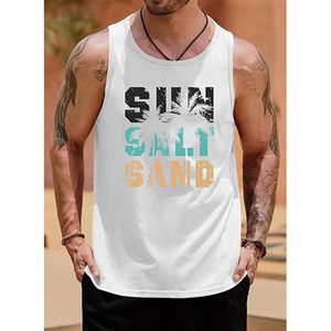 Débardeur blanc à col rond pour homme, imprimé soleil, sel et sable, décontracté, respirant, tricoté, sans manches - Product Image 2