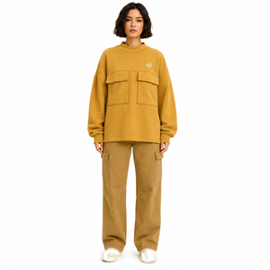 Golden Yellow Women's Cotton Fleece Cropped Sweatshirt Mock Neck Utility Pocket Oversized Streetwear Hoodies Custom Logo - Product Image 3