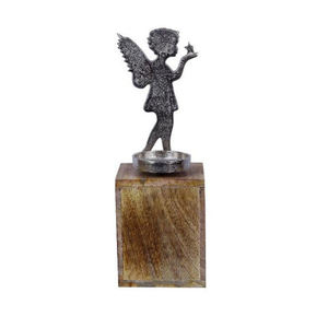 Silver Angel <b>Tealight</b> Holder with Wooden Base Decorative Candle Stand for Home Interior Home Decoration <b>Tealight</b> Holder - Product Image 1