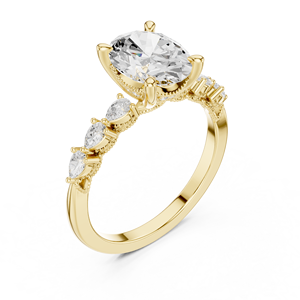 Bague de fiançailles en or jaune avec diamant de laboratoire taille ovale et pierres latérales marquise et baguette, bague de mariage - Product Image 4