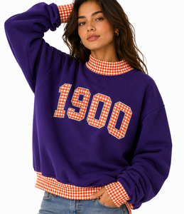 Sweat-shirt violet pour femme avec motif appliqué 1900, col et poignets à carreaux, coupe classique, col rond, style automne - Product Image 4