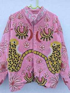 <b>Women</b> Pink <b>Velvet</b> Embroidered Suzani Jacket With Floral And Tiger Pattern Full Sleeve Stand Collar Bohemian <b>Women</b> Winter <b>Coat</b> - Product Image 4