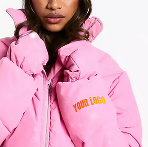 Veste d'hiver en duvet de canard pour femme, style bomber, noir et rose, patchwork, veste courte de créateur de mode pour femmes, personnalisable avec logo - Product Image 6
