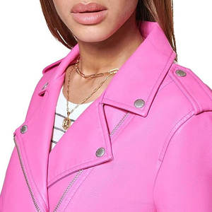 Chaqueta de Motociclista de Cuero Sintético Rosa para Mujer, con Cierre de Cremallera, Manga Larga, Corta, Color Sólido, Cuello Camisero, Estilo Primavera - Product Image 5