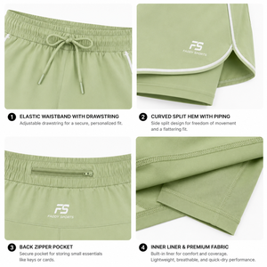 Shorts de course superposés 2-en-1 vert et blanc pour femme avec doublure intégrée, cordon de serrage, séchage rapide, vêtements de sport personnalisés, vente en gros - Product Image 3