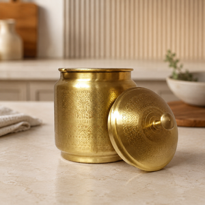 Pot à ghee en laiton gravé à la main SHUBHAM avec couvercle et cuillère, récipient de stockage traditionnel pour le beurre, le ghee et les aliments secs - Product Image 3