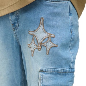 Pantalon cargo en jean délavé pour homme, coupe slim, taille mi-haute, broderie géométrique étoile, décontracté, pour le printemps - Product Image 4