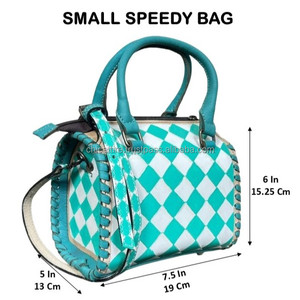 Stylish Turquoise & White Checkered Design Small Speedy Hand Tooled <b>Leather</b> <b>Travel</b> <b>Bag</b> Western Compact Size Crossbody Duffel <b>Bag</b> - Product Image 2