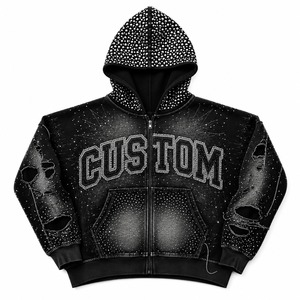 Custom Oversized Distressed & Rhinestone Zipper Hoodie Trendy Style Washed Boxy Fit 100% Cotton Fabric Hoodie For Unisex Wear - Product Image 4