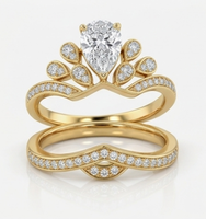 Cincin Tiara Berlian Buatan Laboratorium Potongan Pir 1,5 karat, Lapisan Emas Padat 18K, Bersertifikat IGI, Set Perhiasan Pengantin, Cincin Tunangan dengan Aksen Band