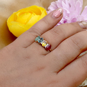 Anillo de Oro Amarillo de 14K con Rubí Ovalado, Esmeralda, Zafiro y Diamante, Anillo de 4 Piedras, Joyería Fina al por Mayor, Anillos de Piedras Preciosas Genuinas Personalizados - Product Image 6