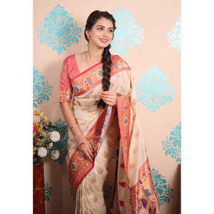 ผ้าไหมเพทีไนท์ลายครีม ซารี ผ้าไหมทอ ลายนกยูง สำหรับเสื้อผ้าอินเดียและปากีสถาน - Product Image 4