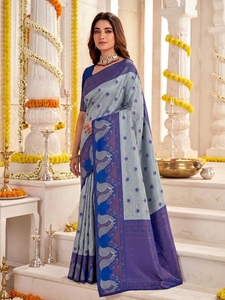 Sari de Seda con Estampado Digital Azul Grisáceo Tradicional para Mujer, Estilo Indio-Pakistaní, Largo hasta el Suelo, Corte Regular, Antiarrugas, para Bodas - Product Image 2