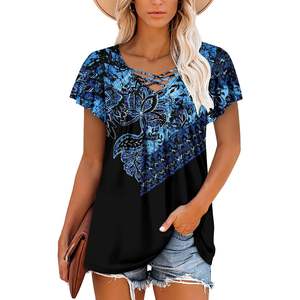 2025 mujer XL Plus patrón azul túnica Top blusa Casual cuello en V técnica manga corta bordada 3X Tops camisas de verano - Product Image 2