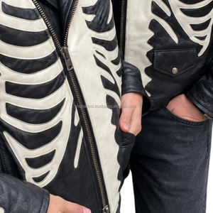 Manteau Moto Gothique Punk Streetwear, style haute couture, avec appliques en os de mouton découpées à la main, en cuir de mouton noir pour moto - Product Image 5