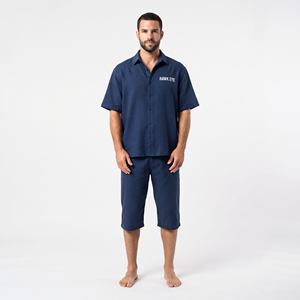 Wholesale Summer Blue Shirt and Shorts Suit Unique Applique Mirror Light <b>Sewing</b> <b>Set</b> Boxy Fit Lapel Button Down Shirt - Product Image 6