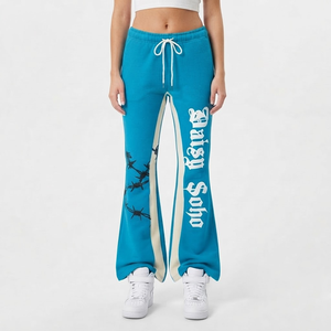Pantalon de survêtement évasé en satin pour femme, style streetwear décontracté, design ajouré, couleurs et logo personnalisables, taille haute, prix de gros - Product Image 4