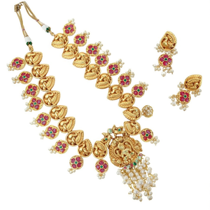 Nagas Jadau 24K Gold Plated <b>Pearl</b> Wedding <b>Necklace</b> and Earring <b>Set</b> India Casual - Product Image 2