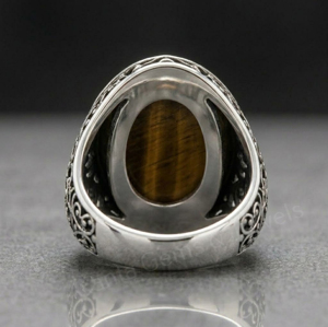 925 Sterling Silver <b>Two</b> Tone Plated Vintage Tiger Eye 10x14mm Oval Shape Smooth Gemstone Men's <b>Ring</b> Bezel Setting Gift For Him - Product Image 3