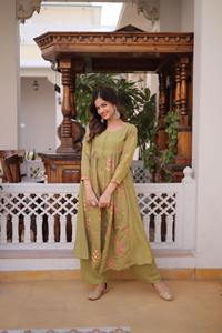 Women's Embroidered <b>Silk</b> Chanderi Kurti Set Pants Premium Summer Ethnic Wear Party Indian Designer Loose Fit Moisture - Product Image 4