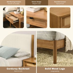 Set Camera da Letto Vichy 2 Pezzi, Letto Queen Size in Legno di Gomma con Piattaforma in Corduroy e Comodino, Arredamento Camera da Letto - Product Image 5