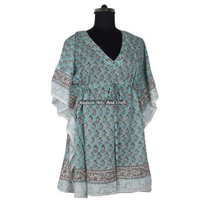 100% Cotton Women Sleepwear Hand Block Printed Kaftan Dress KFCS032 <b>Light</b> Weight Women Casual Occasion Wear Short Caftan Dress - Product Image 1