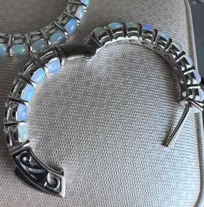 Boucles d'oreilles créoles opale, pierre précieuse naturelle à l'intérieur et à l'extérieur, en argent sterling, bijoux fins pour femmes - Product Image 3