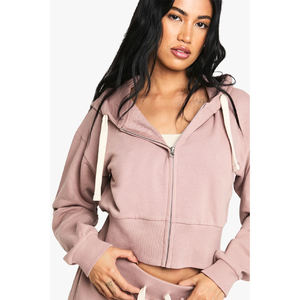 Ensemble de survêtement rose écoresponsable pour femme, à capuche, manches longues, couleur unie, fermeture éclair, décontracté, pour l'automne, avec pantalon à cordon de serrage - Product Image 4