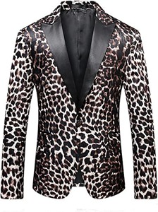 Men's Leopard Print Tuxedo <b>Blazer</b> Satin Lapel Single Breasted Party Jacket Regular Fit British Style - Product Image 4