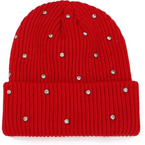 Fashion Black Crystal Studded <b>Beanie</b> Hat Unisex Ribbed Knit Winter Warm Breathable <b>Waterproof</b> Polka Dot Cap Custom Logo Soft - Product Image 2