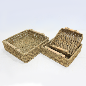 Handmade Seagrass Serving Tray <b>Rectangular</b> Storage <b>Basket</b> with Wooden Handles - Product Image 6