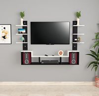 Wandmontierte TV-Unterhaltungseinheit aus Engineered Wood mit Wandregalen für das Wohnzimmer in Schwarz & Frostweiß