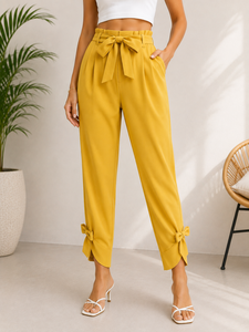 GRACE COLLECTION Pantalon droit plissé jaune taille mi-haute pour femme, longueur cheville, décontracté, coupe régulière, en toile écologique, collection automne - Product Image 4