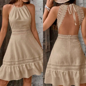 Mini-robe dos nu en crochet style halter, effet soleil, avec taille à œillets artisanale, coupe trapèze, en mélange de lin naturel - Product Image 6