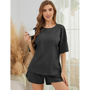 Conjunto de Top y Shorts de Punto Waffle Casual para Mujer, Atuendo de Moda de Verano - Product Image 4