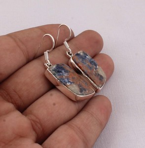 925 Sterling <b>Silver</b> Sunset Sodalite <b>Earrings</b> Natural Blue and Orange Gemstone Rectangular <b>Dangle</b> <b>Earrings</b> Handmade Jewelry Whole - Product Image 3
