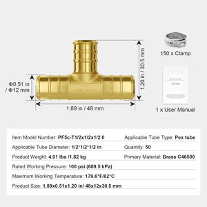 50 Pezzi Raccordi per Tubi in Ottone da 1/2 Pollice, Connettori a T Stile Morsetto, Raccordi per Aria Compressa per Adattatori e Connettori Idraulici - Product Image 6