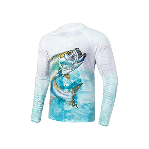 เสื้อเชิ้ตตกปลาแขนยาวสำหรับผู้ชาย ลายปลาทาร์พอน ป้องกันรังสียูวี UPF 50 ดีไซน์แบบซับลิเมชั่น ลายขาวน้ำเงิน - Product Image 1