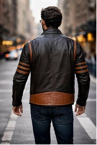 <b>Mens</b> <b>Brown</b> Striped <b>Leather</b> Biker <b>Jacket</b> Wolverine Inspired Logan Style Streetwear - Product Image 3