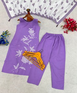 Purple Cotton Embroidered <b>Kurta</b> Pant Set Dupatta <b>Women</b> Traditional Casual Wear India Pakistan Style 86128 MORNI- Mc-1144 - Product Image 4