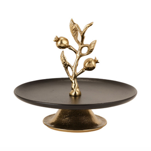 Elegante soporte para pastel negro mate con base plateada pulida y centro decorativo de rama de granada esculpida, decoración de lujo. - Product Image 4