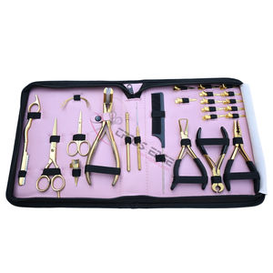 Kit d'outils pour extensions capillaires dorées : Pince à décolter les perles, Pince à sertir, Crochet à cheveux, Peigne à queue, Rasoir, Pince à couper les bandes adhésives - Product Image 1