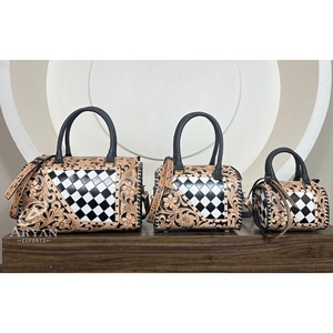 New Customized Hand Tooled <b>Cow</b> Leather Travel Duffel Bags Western Black & White Checkered Pattern Crossbody Speedy Bag for Women - Product Image 1