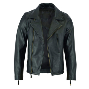 Veste de moto en cuir véritable noir pour homme, finition solide, fermeture éclair, col rabattable, coupe-vent - Product Image 1
