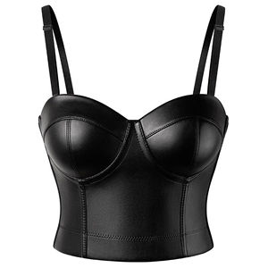 Custom Asymmetrical Stand Collar Corset Club Outfit Women's Sexy Leather Tank <b>Tops</b> Short Fall - Product Image 4