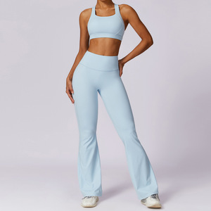Conjunto de Yoga de 2 Piezas Color Rosa para Mujer, Tirantes Cruzados, Leggings Largos de Cintura Alta, Top Corto Sin Costuras - Product Image 5