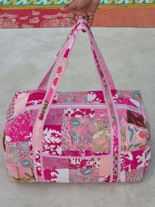 Handmade Floral Print Duffel <b>Bag</b> Blue Pink Cotton Quilted Weekender Travel <b>Bag</b> Large Capacity Zipper Closure - Product Image 4